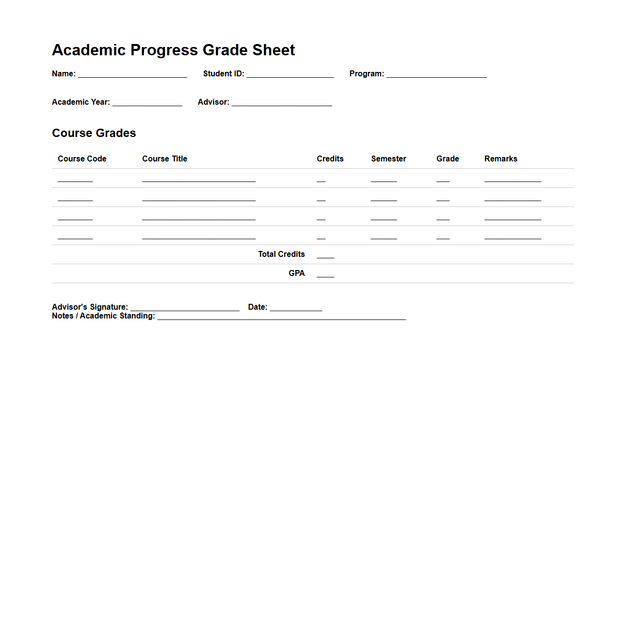 University Academic Progress Grade Sheet Sample