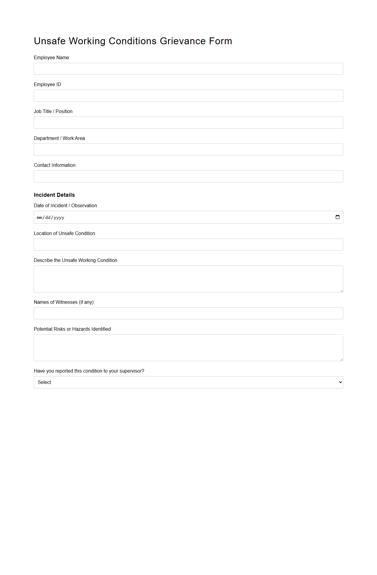 Unsafe Working Conditions Grievance Form