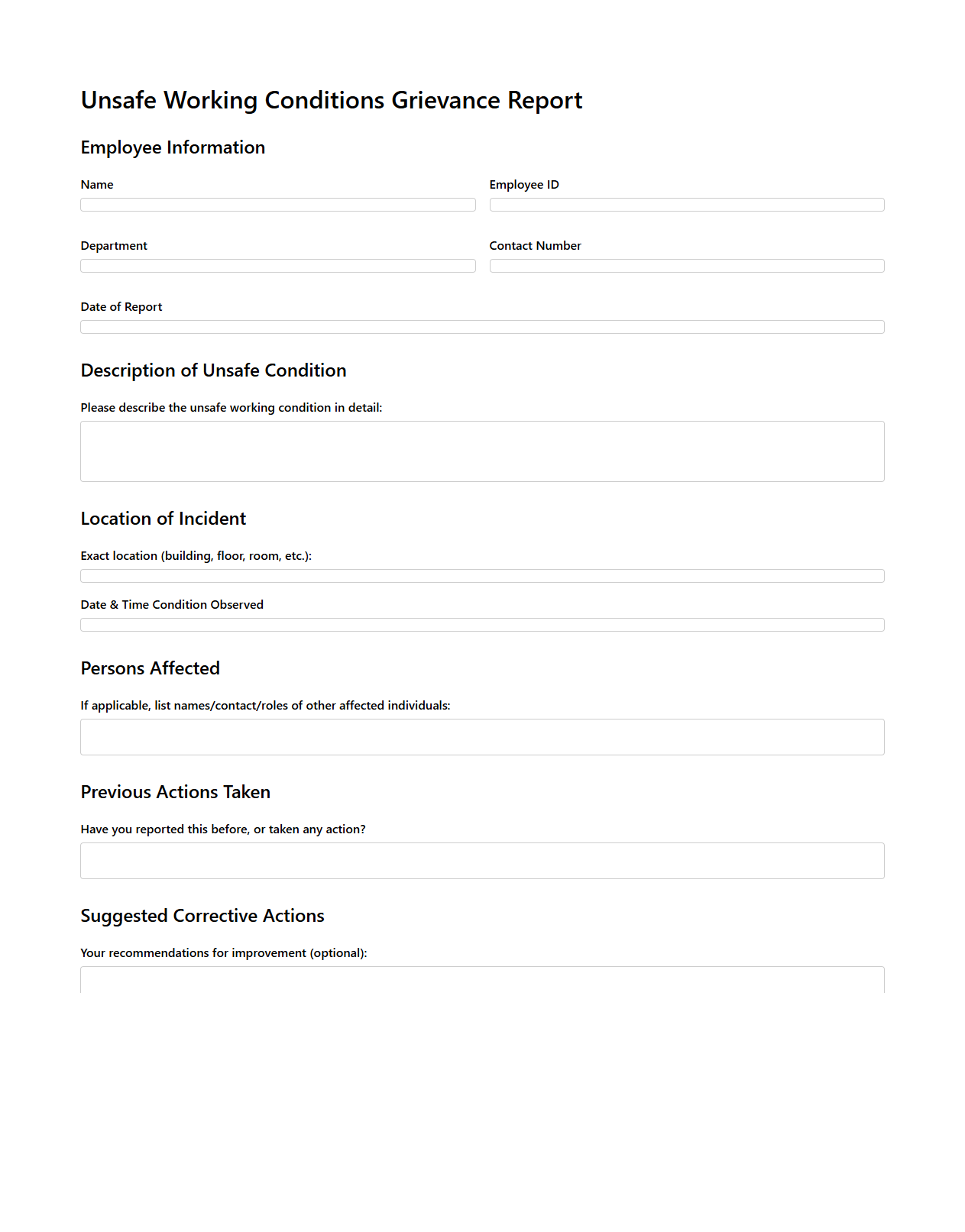 Unsafe Working Conditions Grievance Report Document Sample