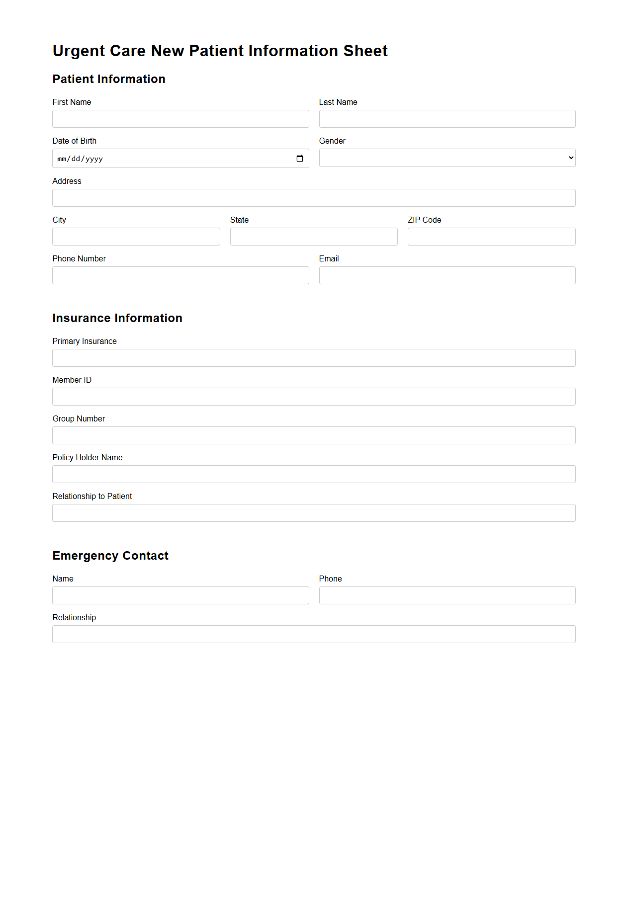 Urgent Care New Patient Information Sheet