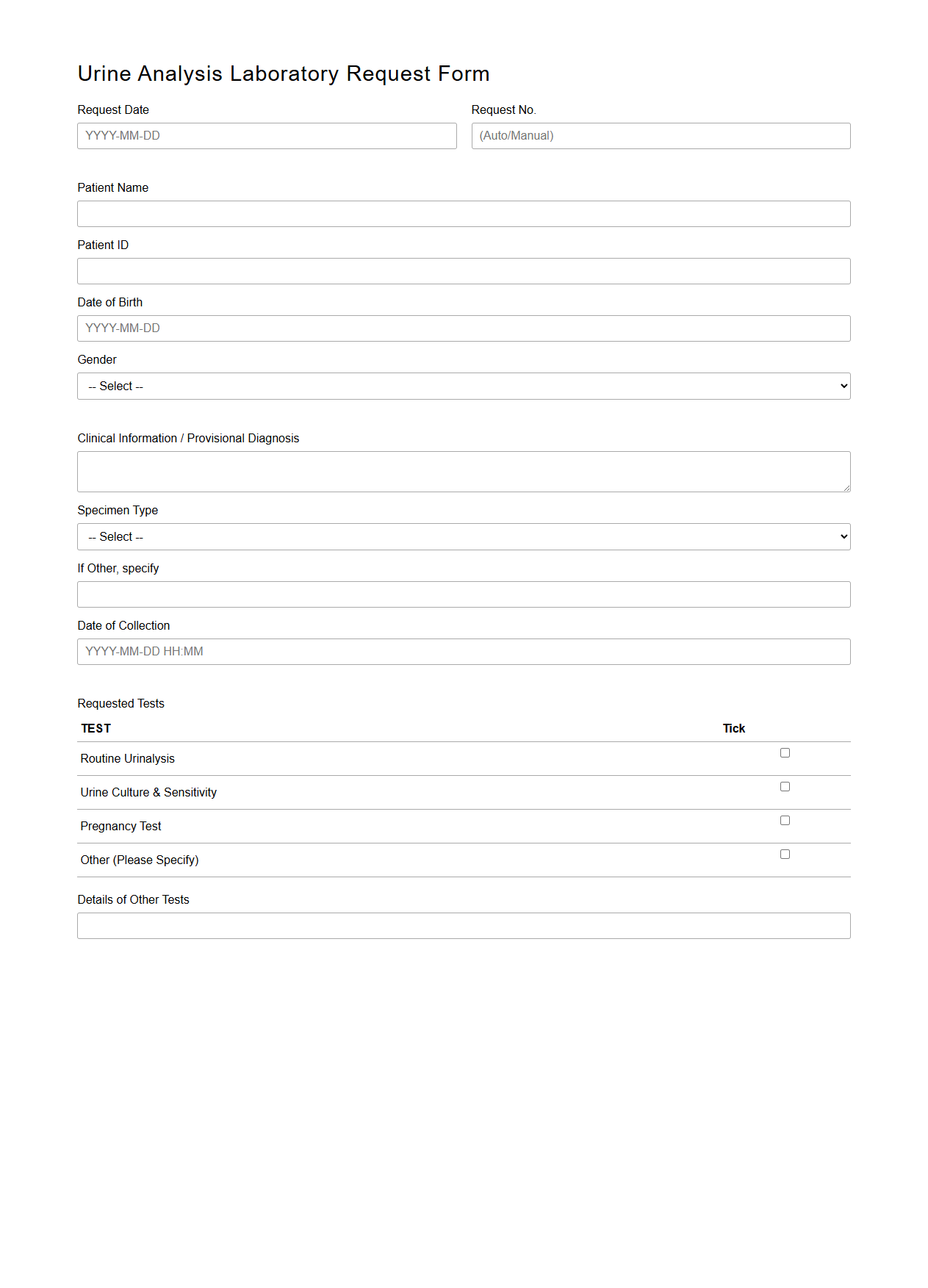 Urine Analysis Laboratory Request Sample