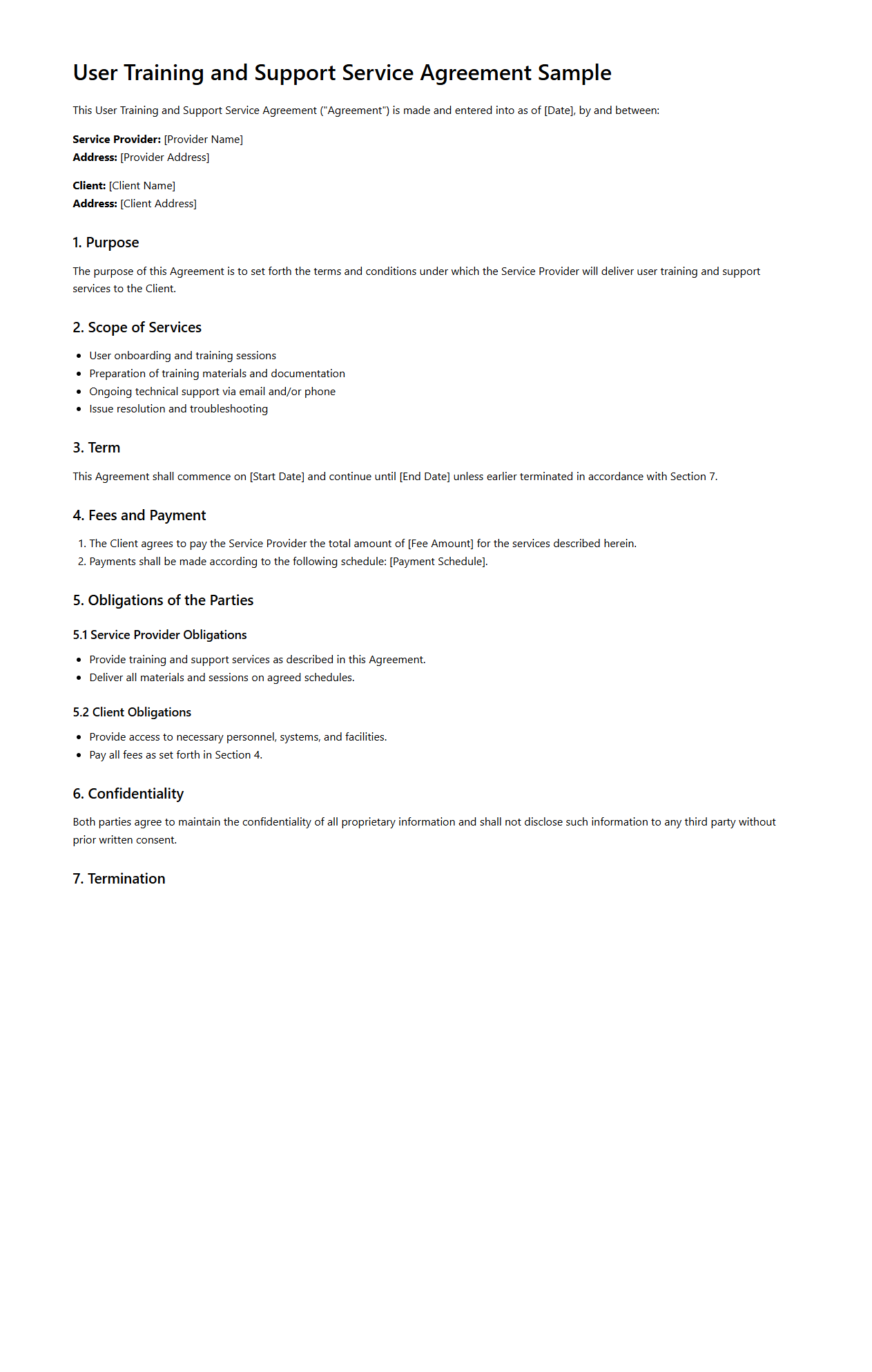 User Training and Support Service Agreement Sample
