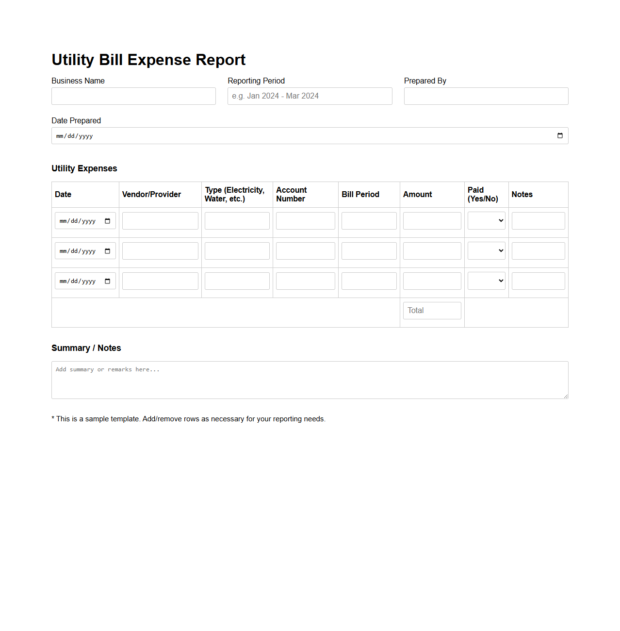 Utility Bill Expense Report for Small Business