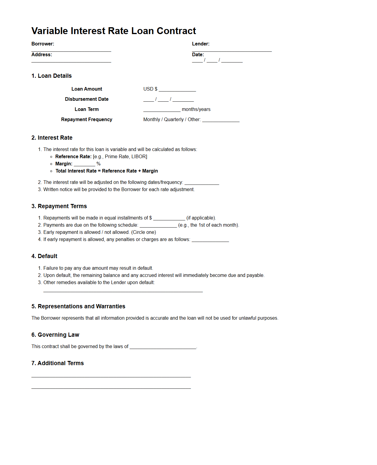 Variable Interest Rate Loan Contract Template