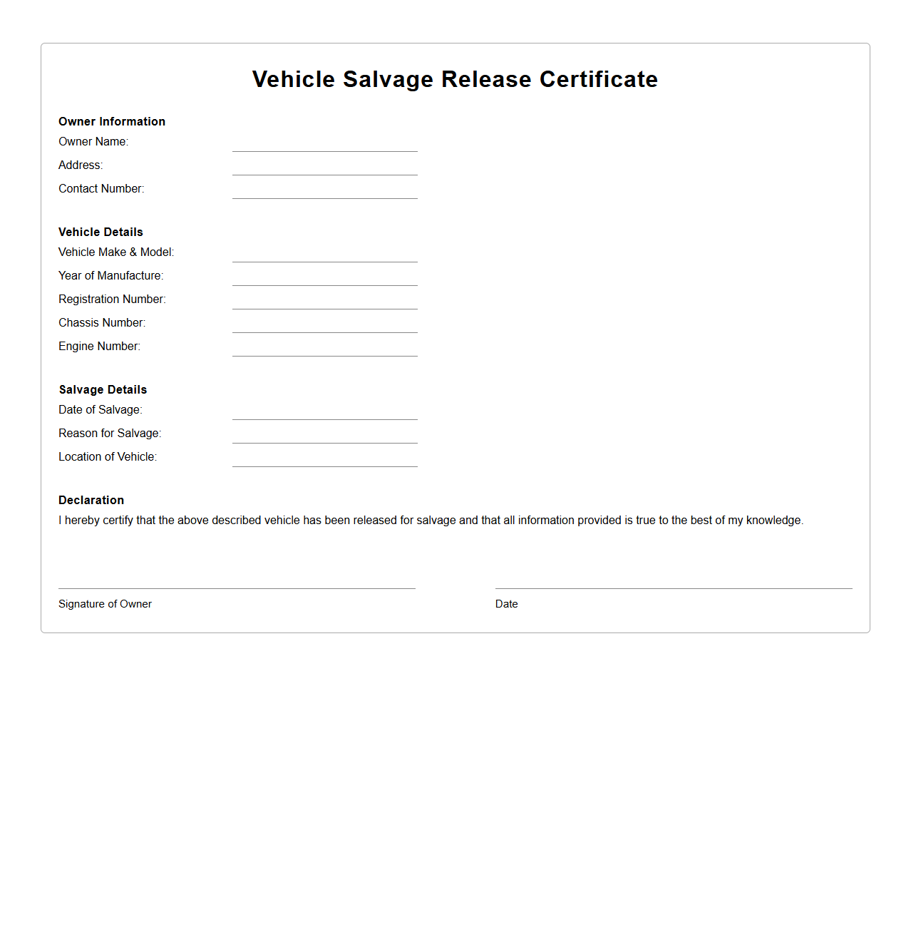 Vehicle Salvage Release Certificate Format