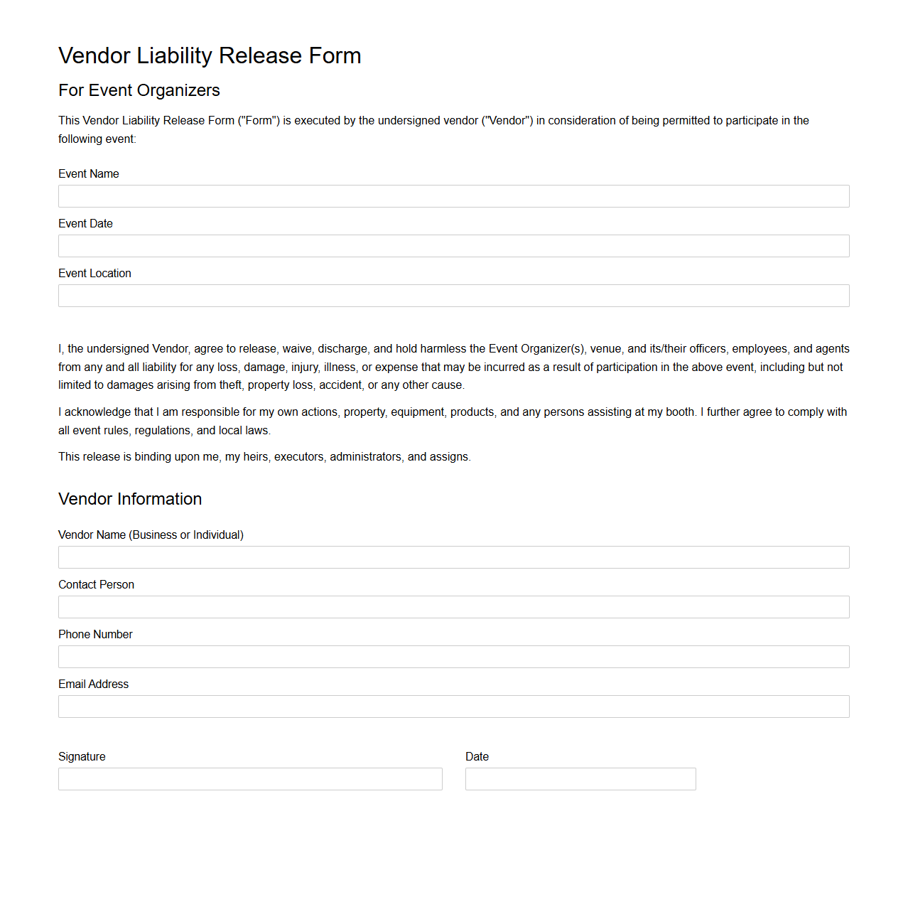 Vendor Liability Release Form for Event Organizers