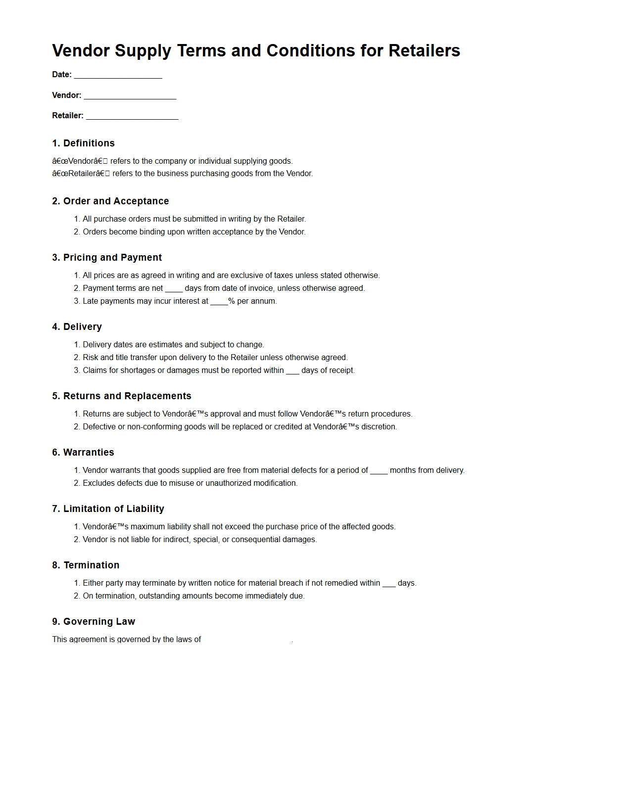 Vendor Supply Terms and Conditions for Retailers