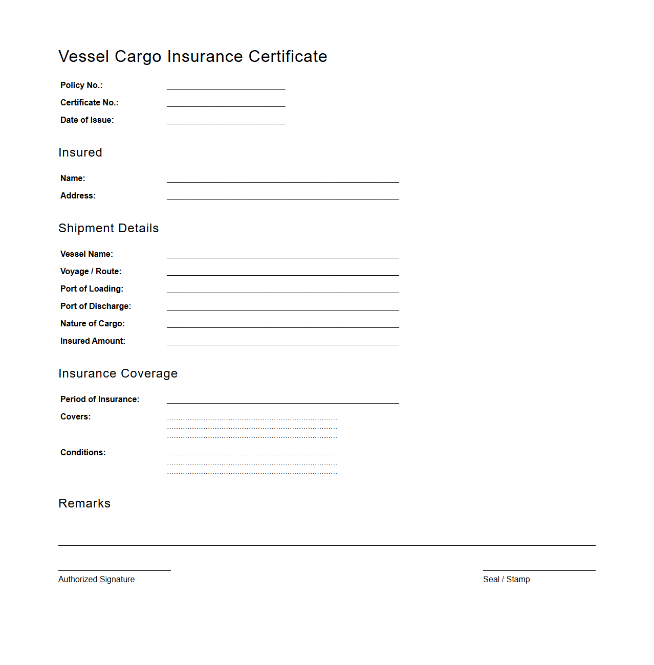 Vessel Cargo Insurance Certificate Document