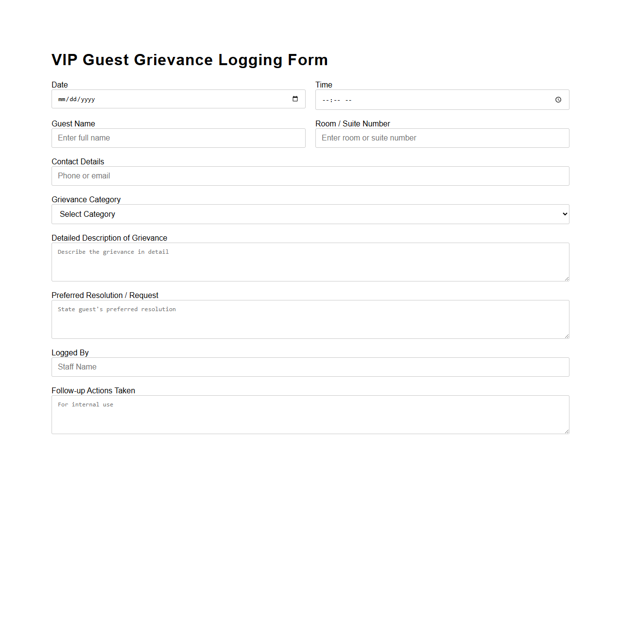 VIP Guest Grievance Logging Form for Luxury Accommodations