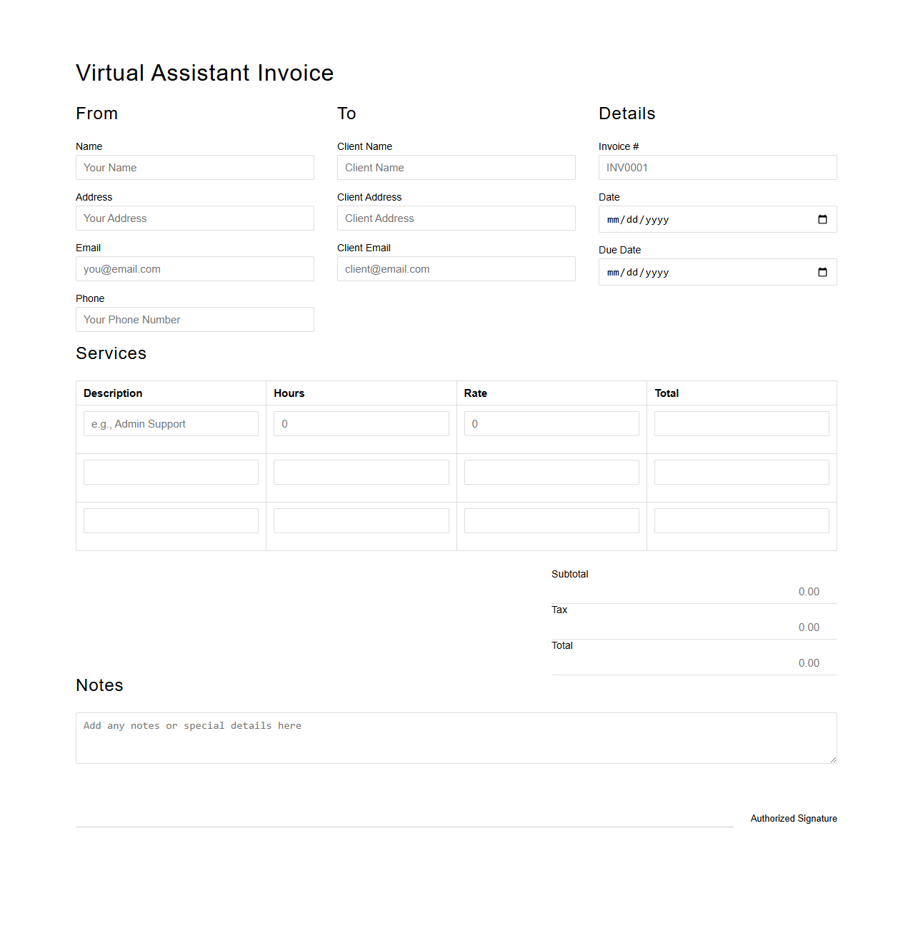 Virtual Assistant Freelance Invoice Form