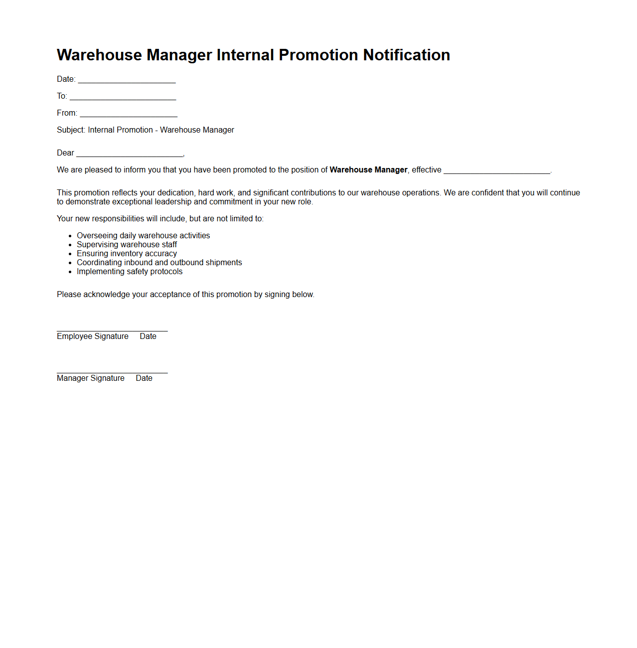 Warehouse Manager Internal Promotion Notification