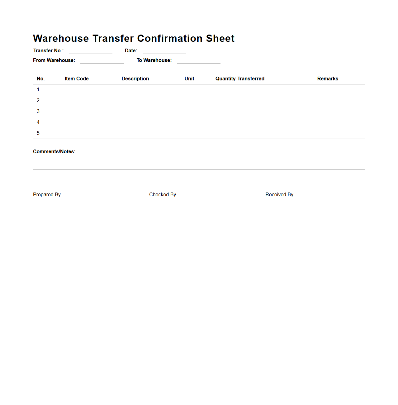 Warehouse Transfer Confirmation Sheet for Retail Inventory