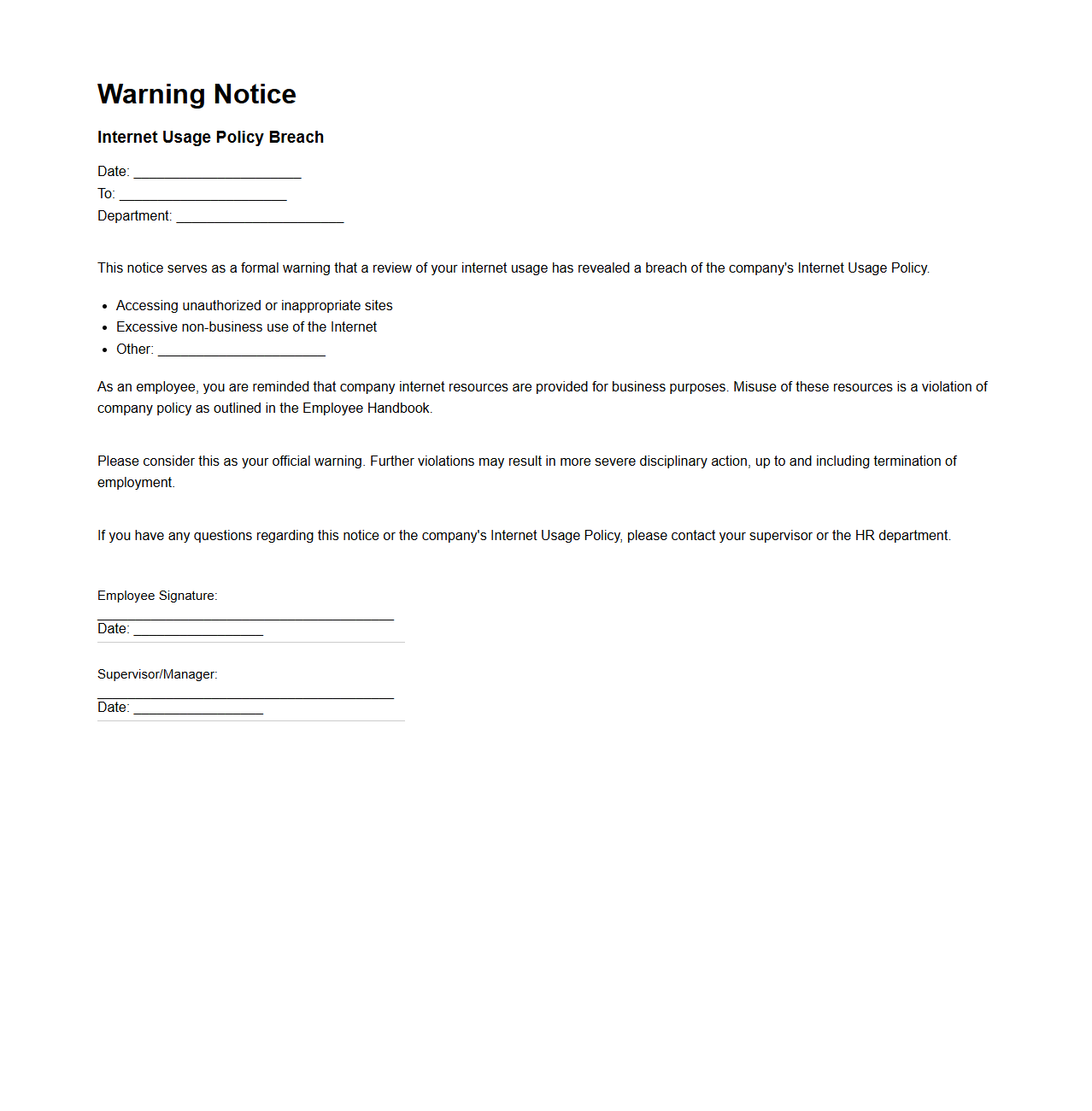 Warning Notice for Internet Usage Policy Breach