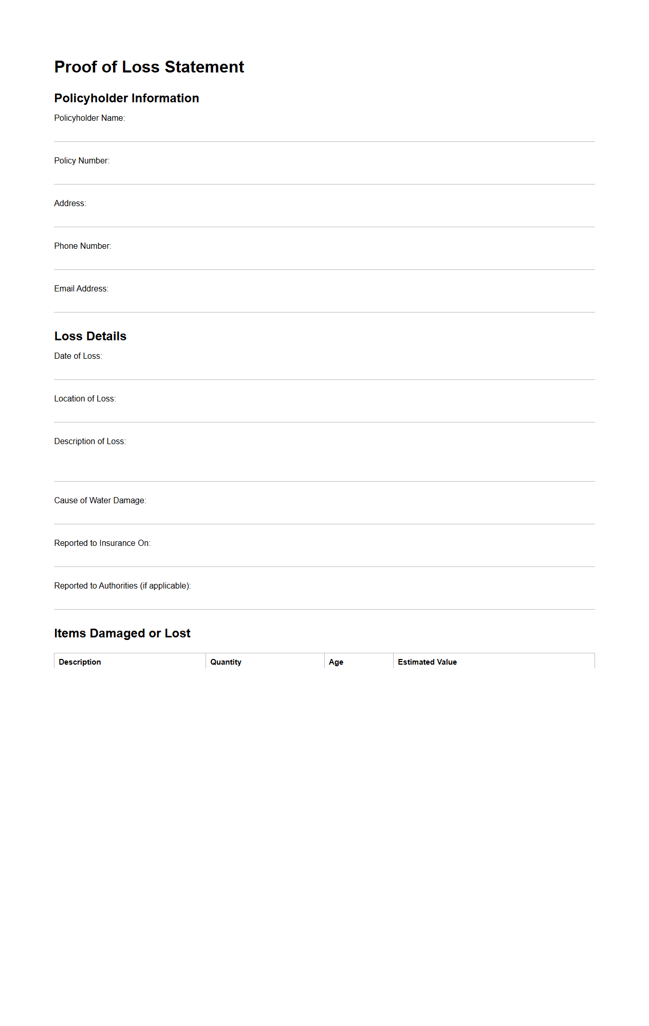 Water Damage Claim Proof of Loss Sample