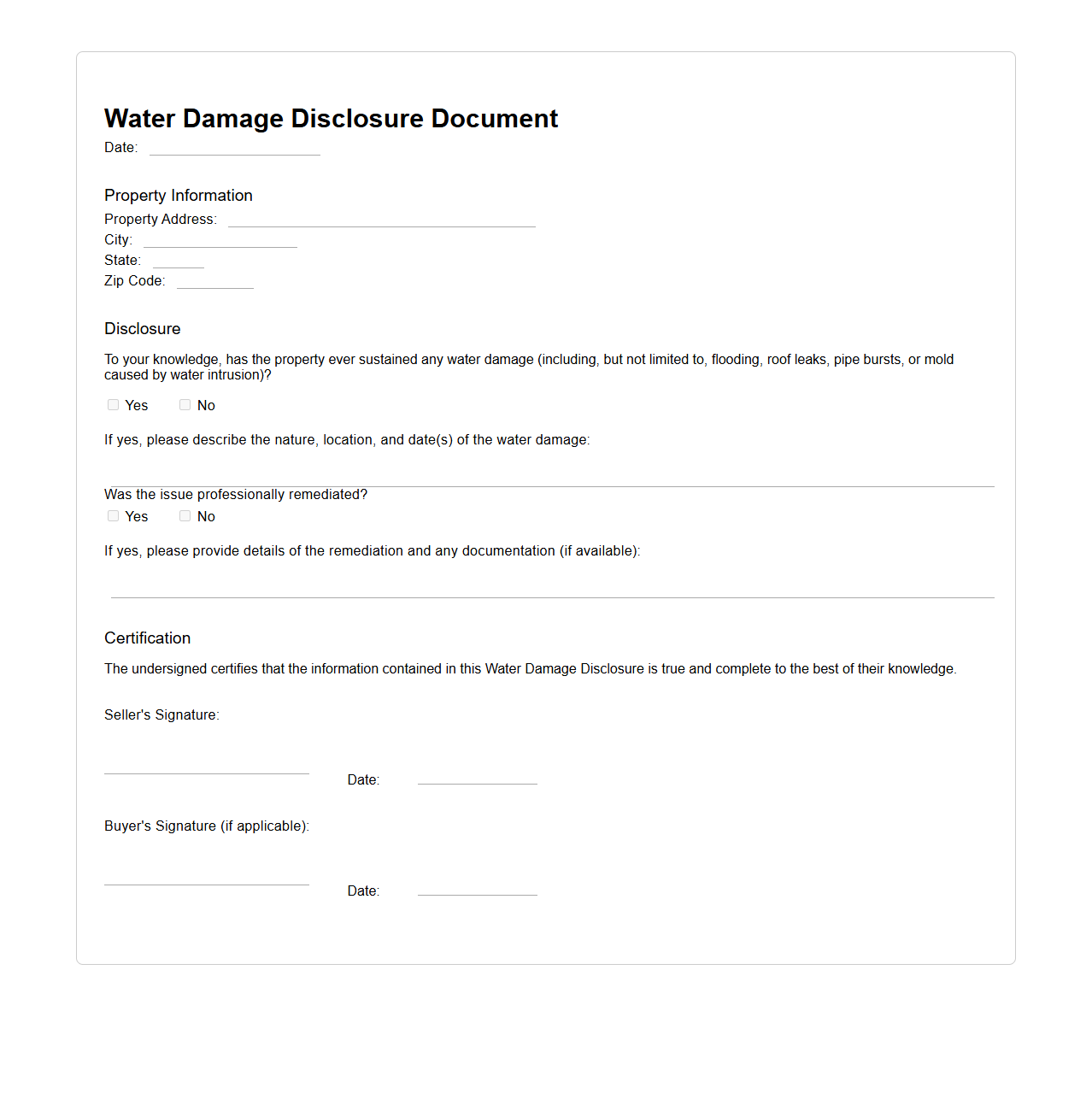 Water Damage Disclosure Document Sample