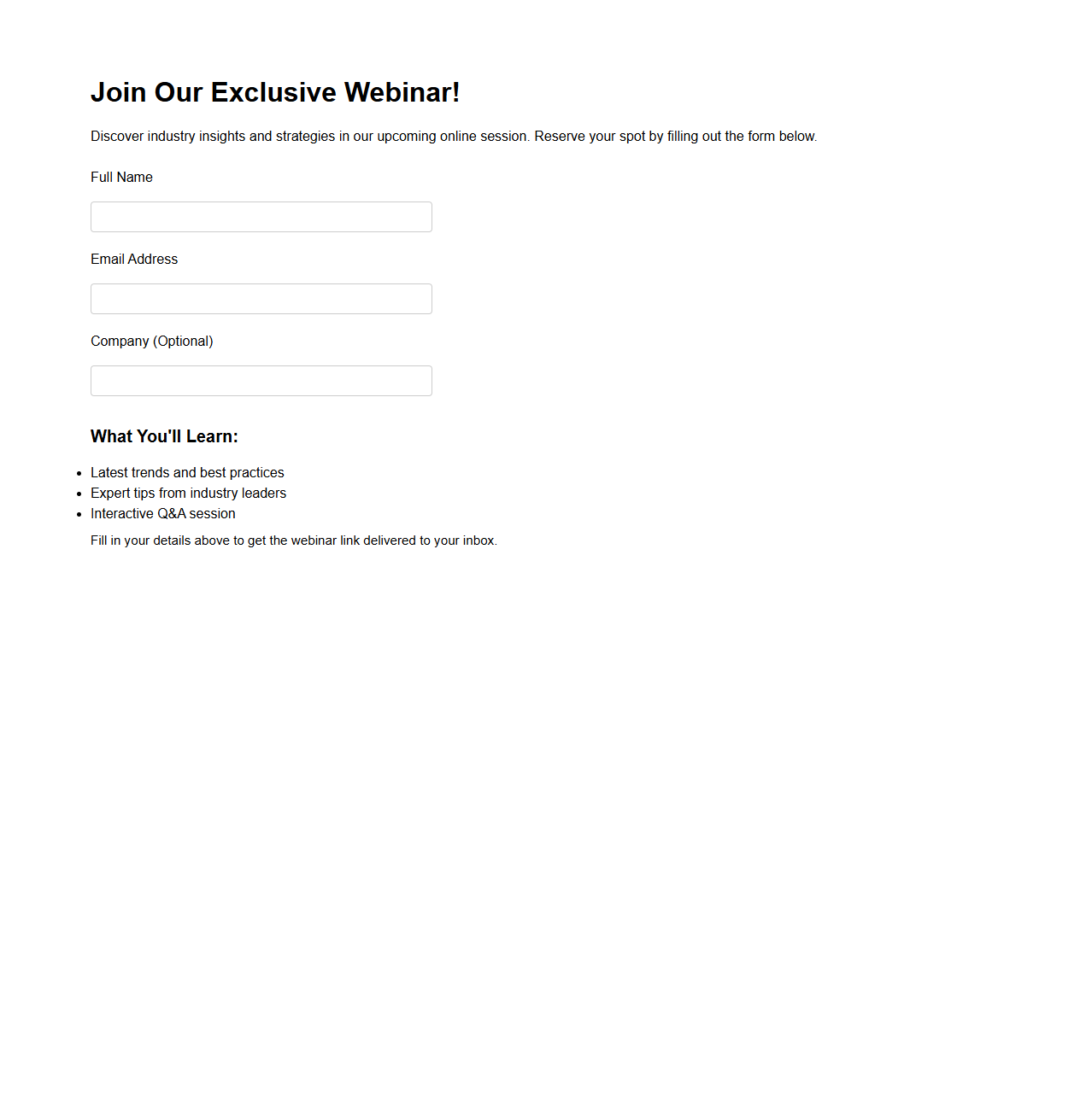 Webinar Landing Page Brief for Sign-Up Lead Collection