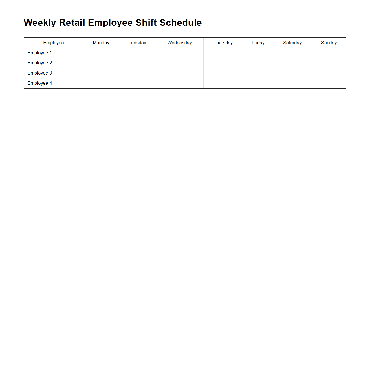 Weekly Retail Employee Shift Schedule Template