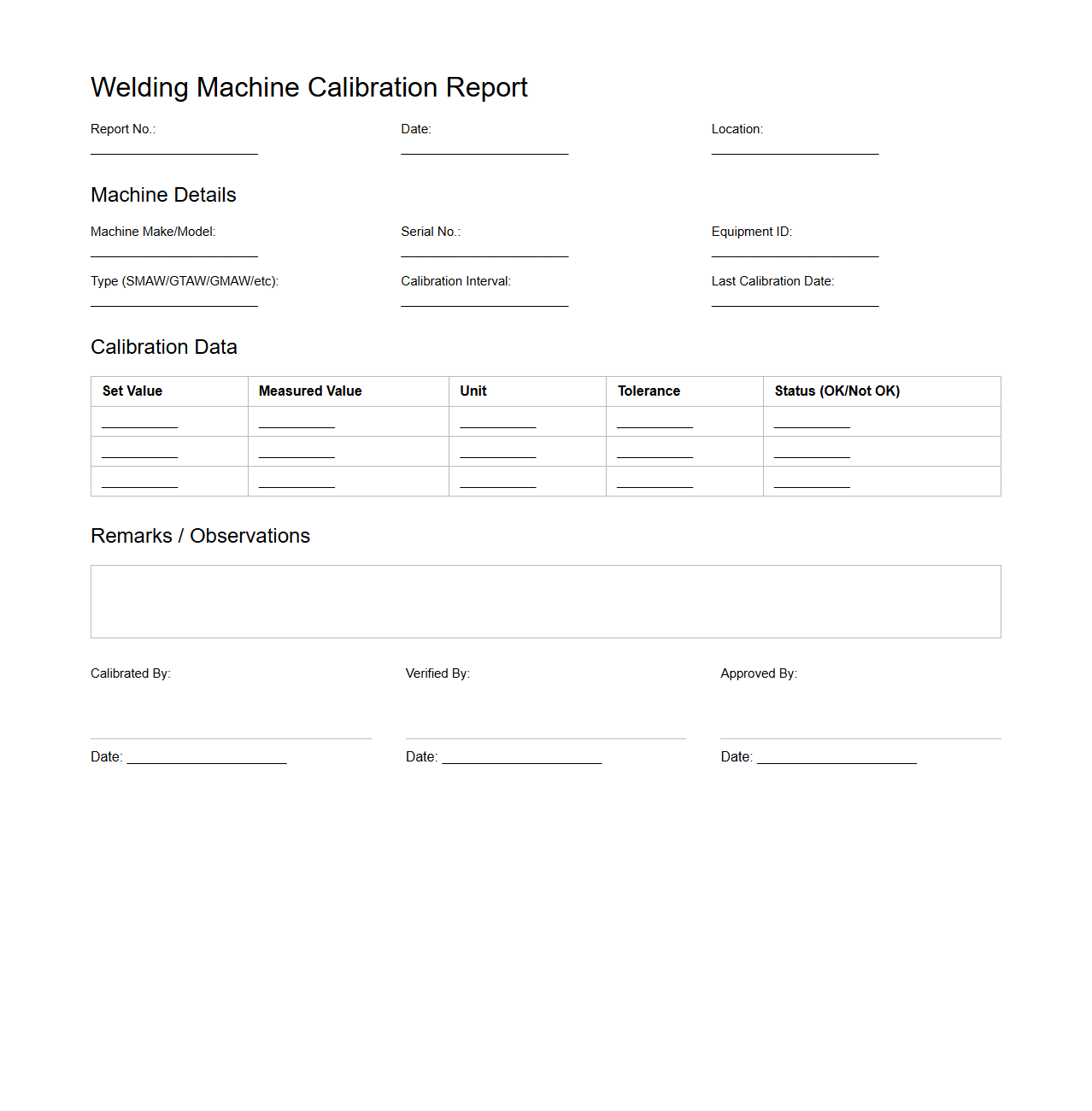 Welding Machine Calibration Report Format