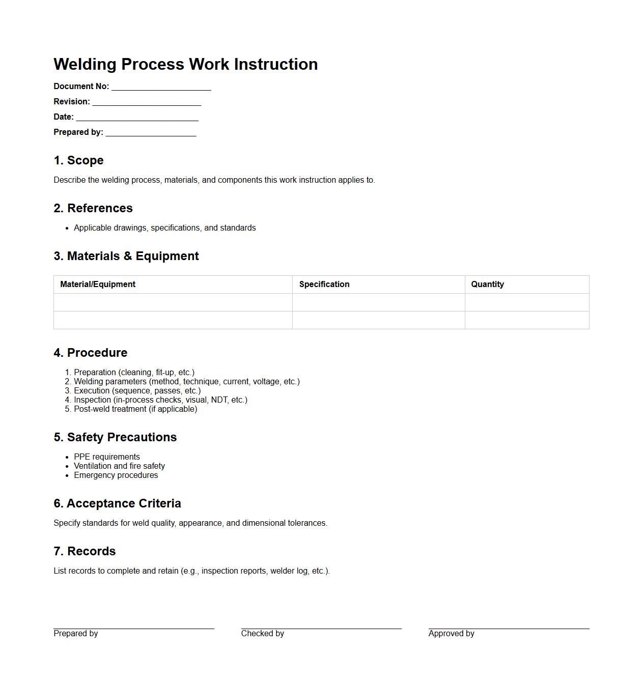 Welding Process Work Instruction Document
