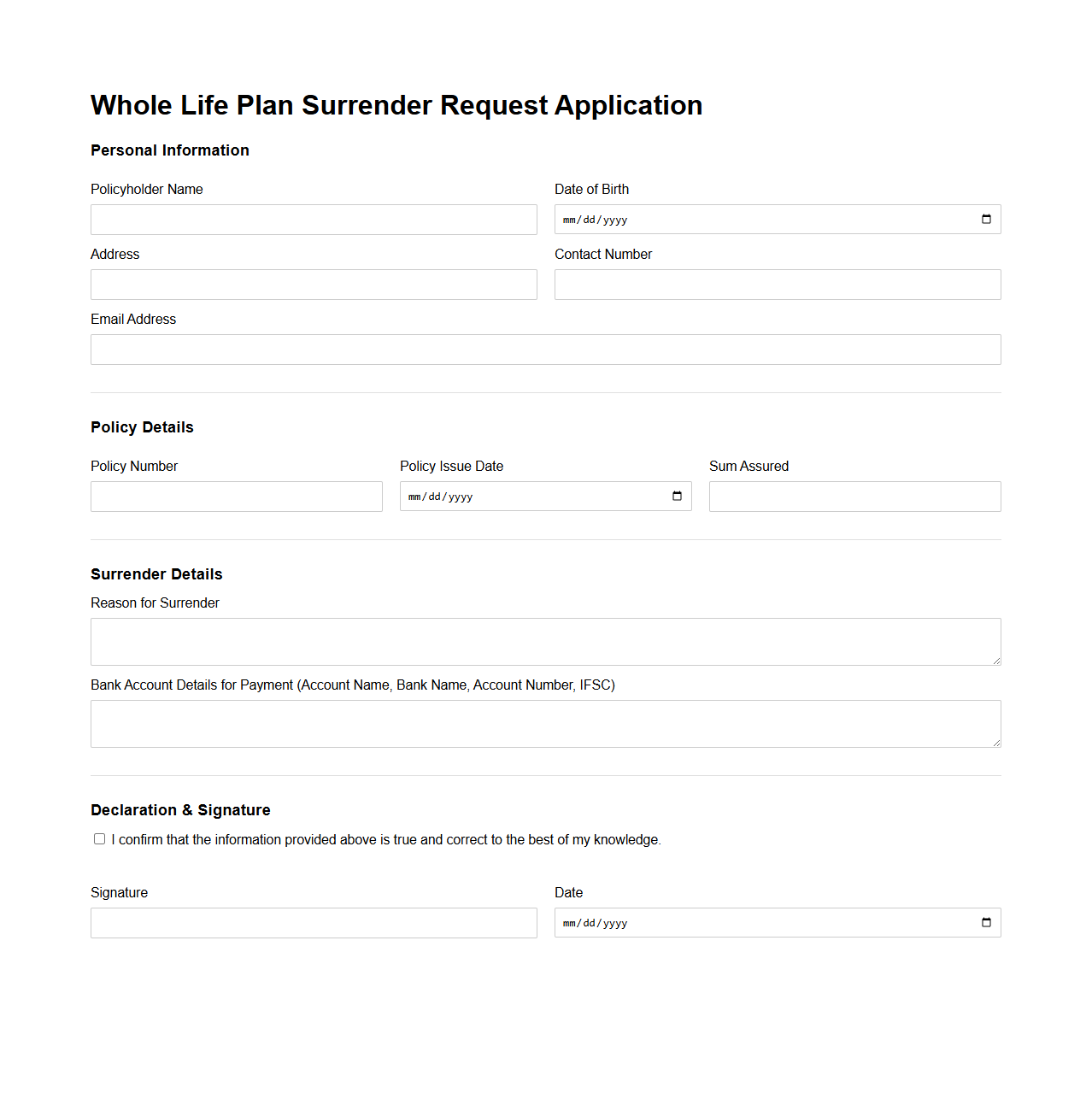 Whole Life Plan Surrender Request Application