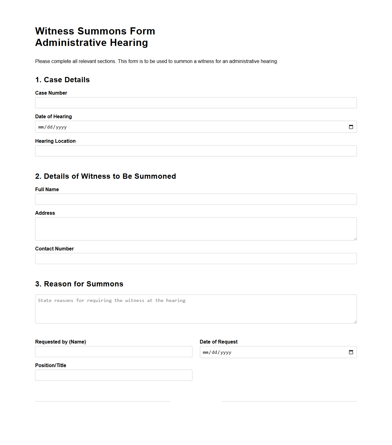 Witness Summons Form for Administrative Hearing