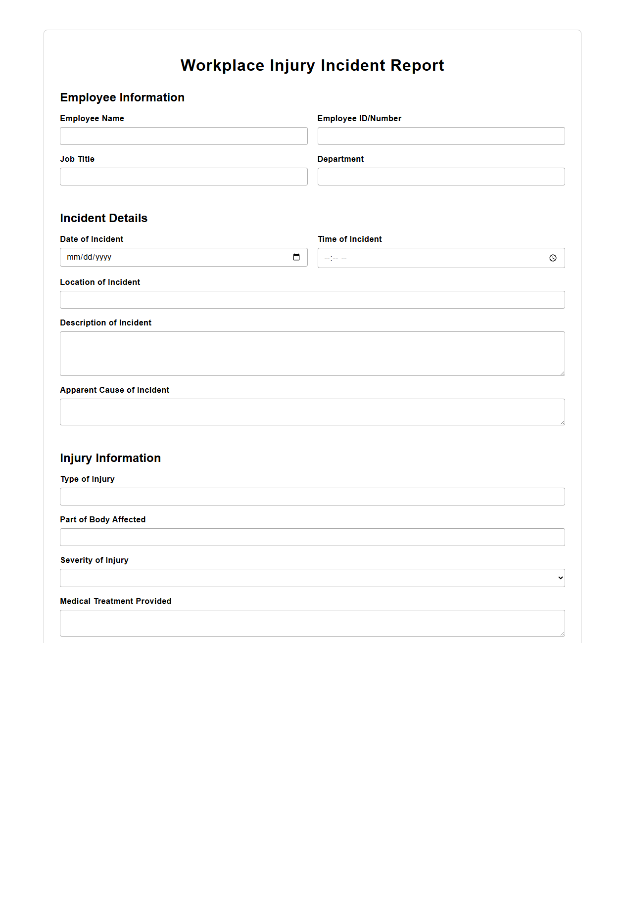Workplace Injury Incident Report for Liability Insurance