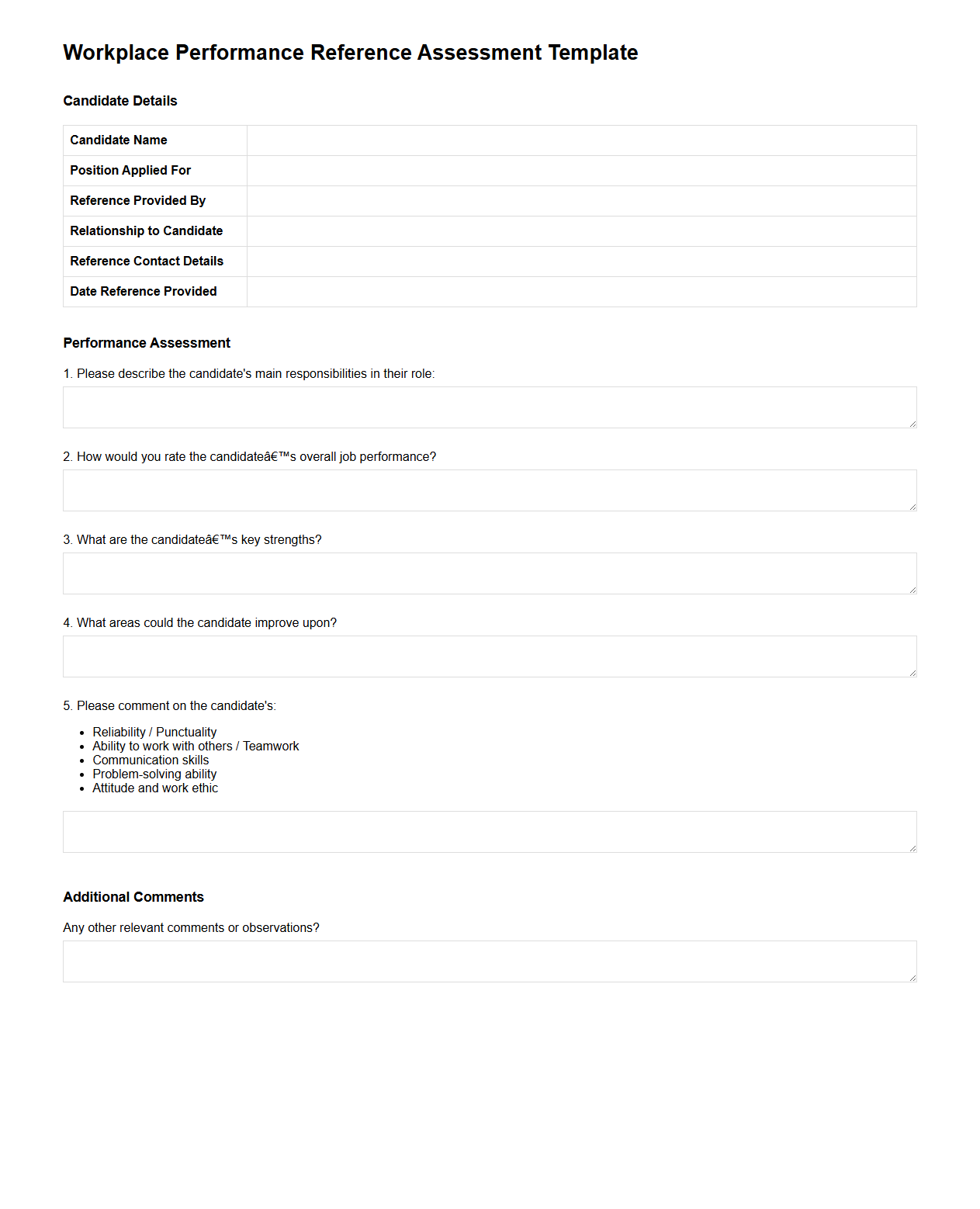 Workplace Performance Reference Assessment Template