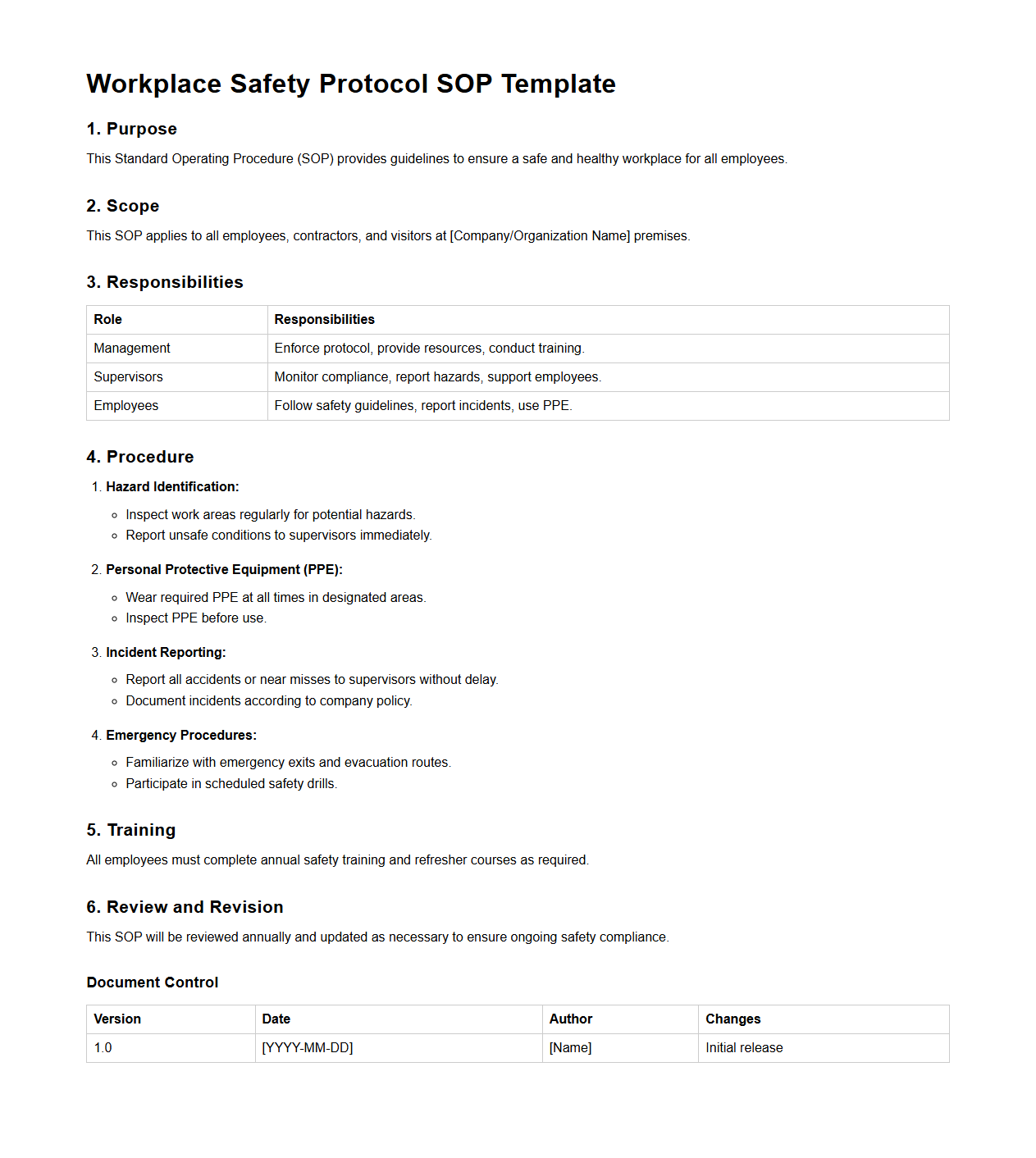 Workplace Safety Protocol SOP Template