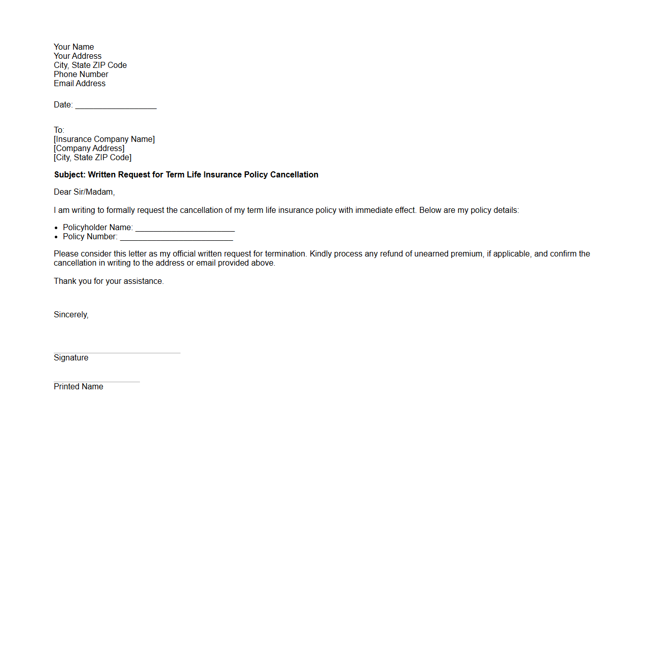 Written Request Example for Term Life Insurance Cancellation