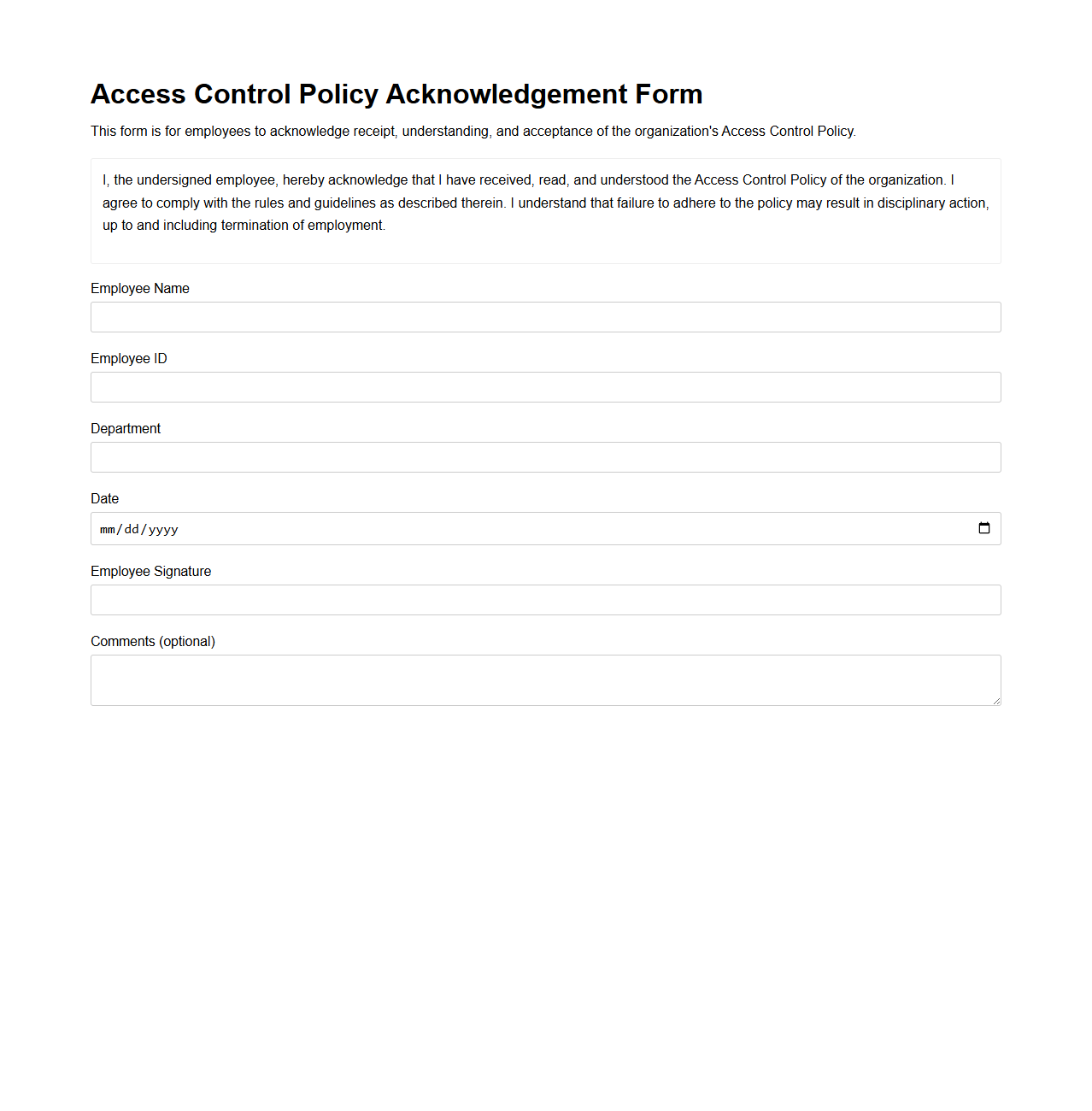 Access Control Policy Acknowledgement Form for Employees