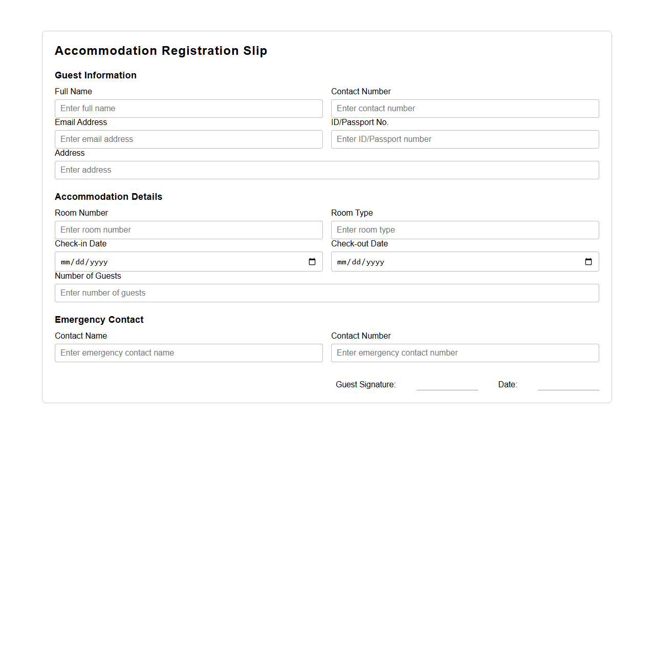 Accommodation Registration Slip Example