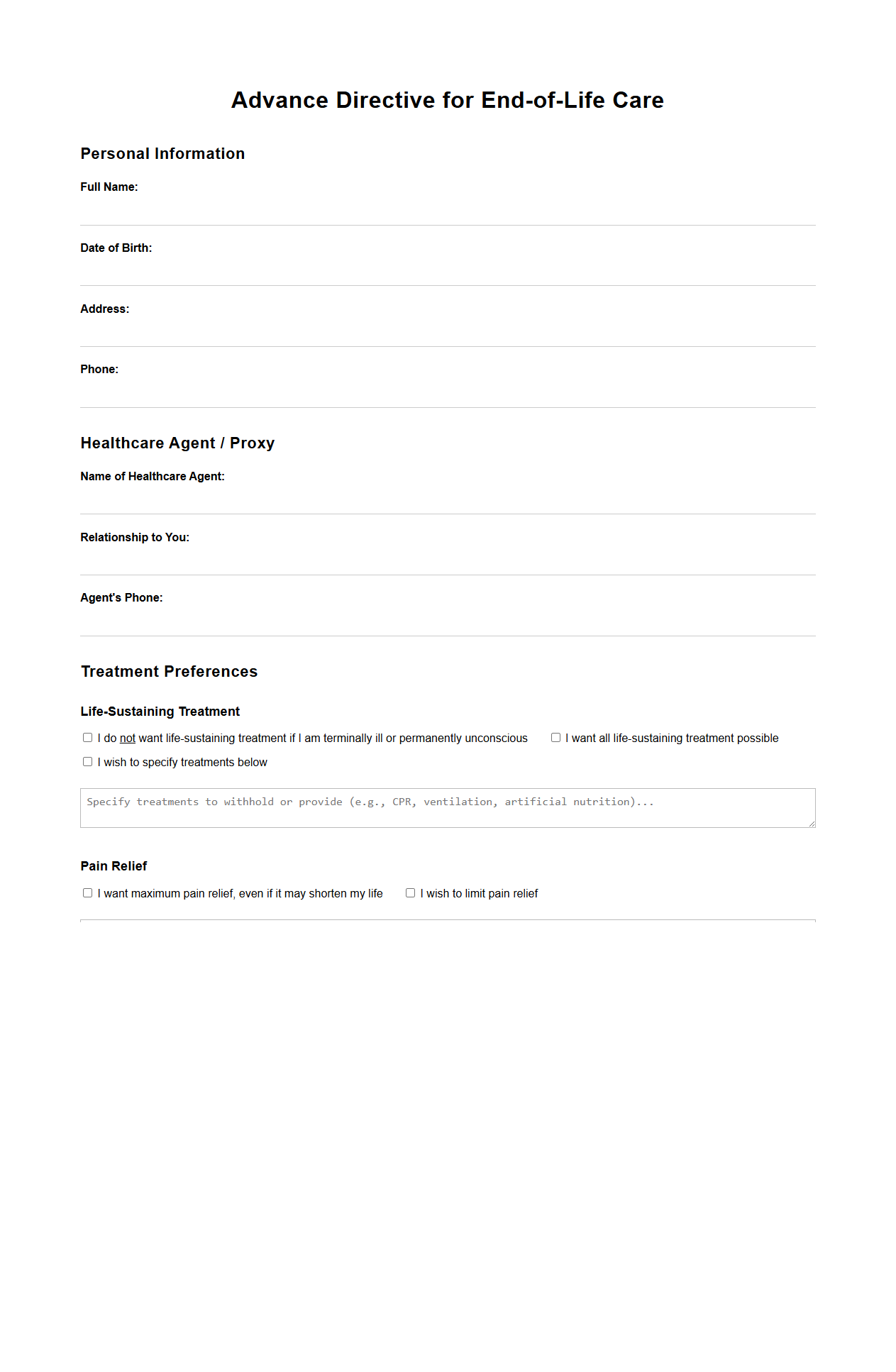Advance Directive for End-of-Life Care Template