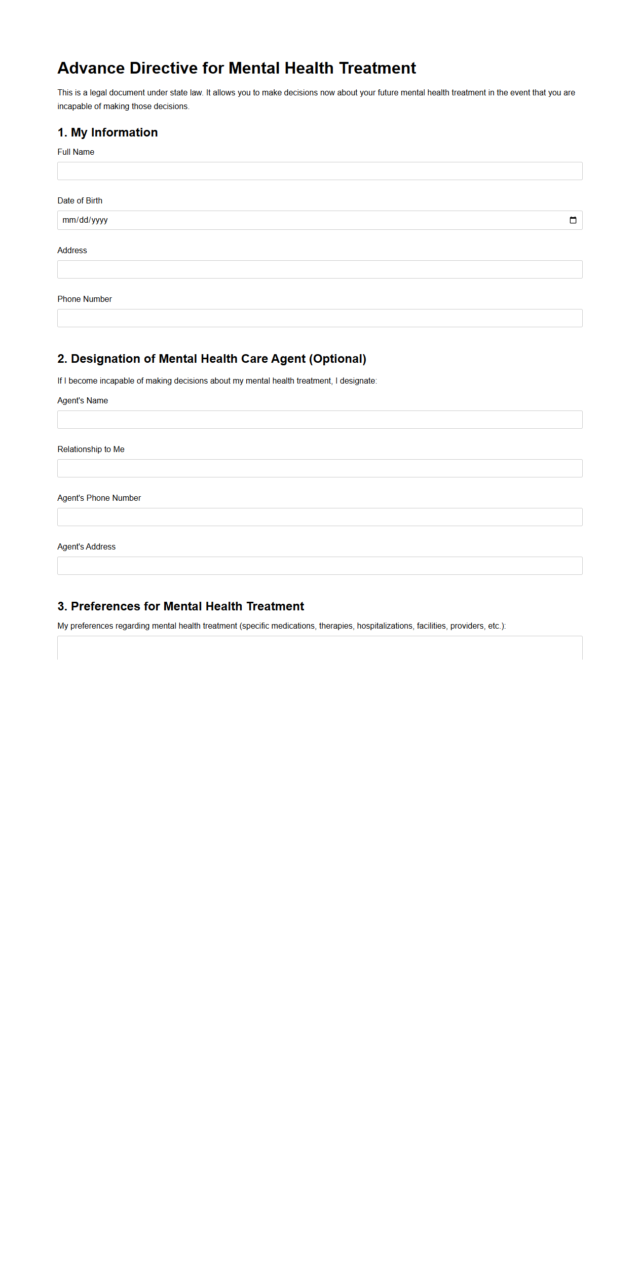 Advance Directive for Mental Health Treatment Template
