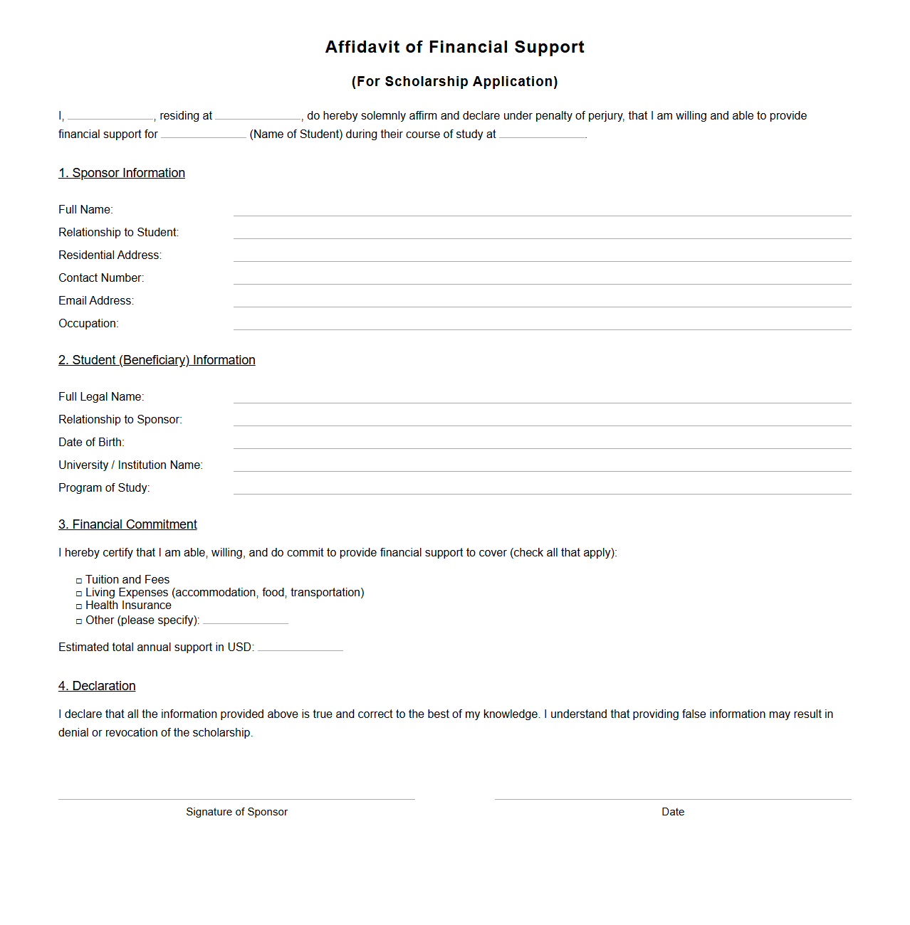 Affidavit of Financial Support for Scholarship