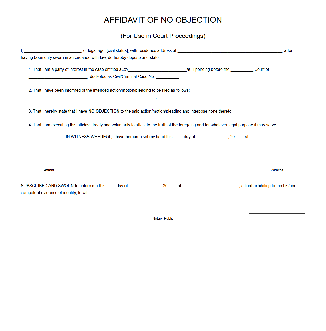 Affidavit of No Objection in Court Proceedings