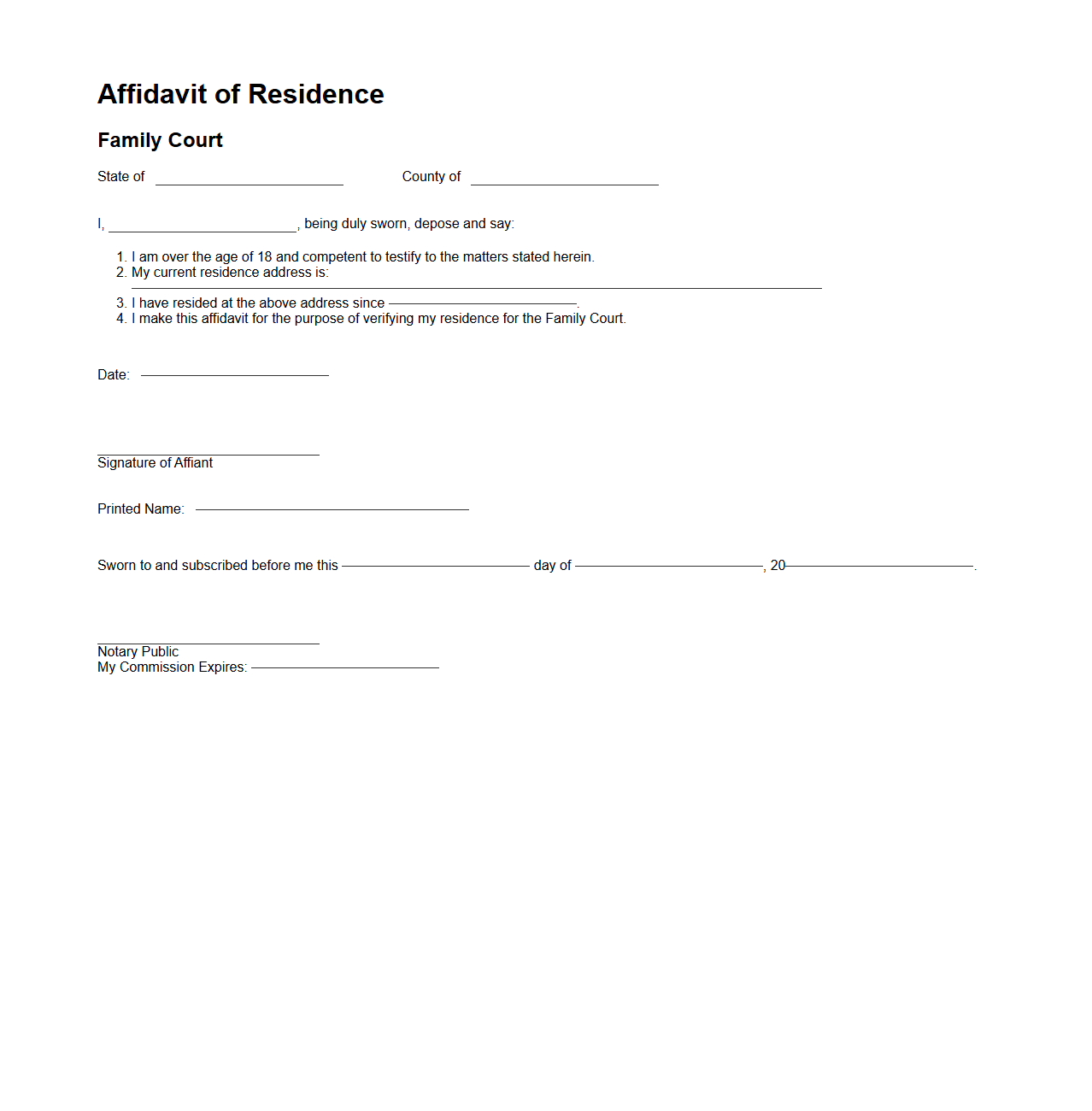 Affidavit of Residence for Family Court