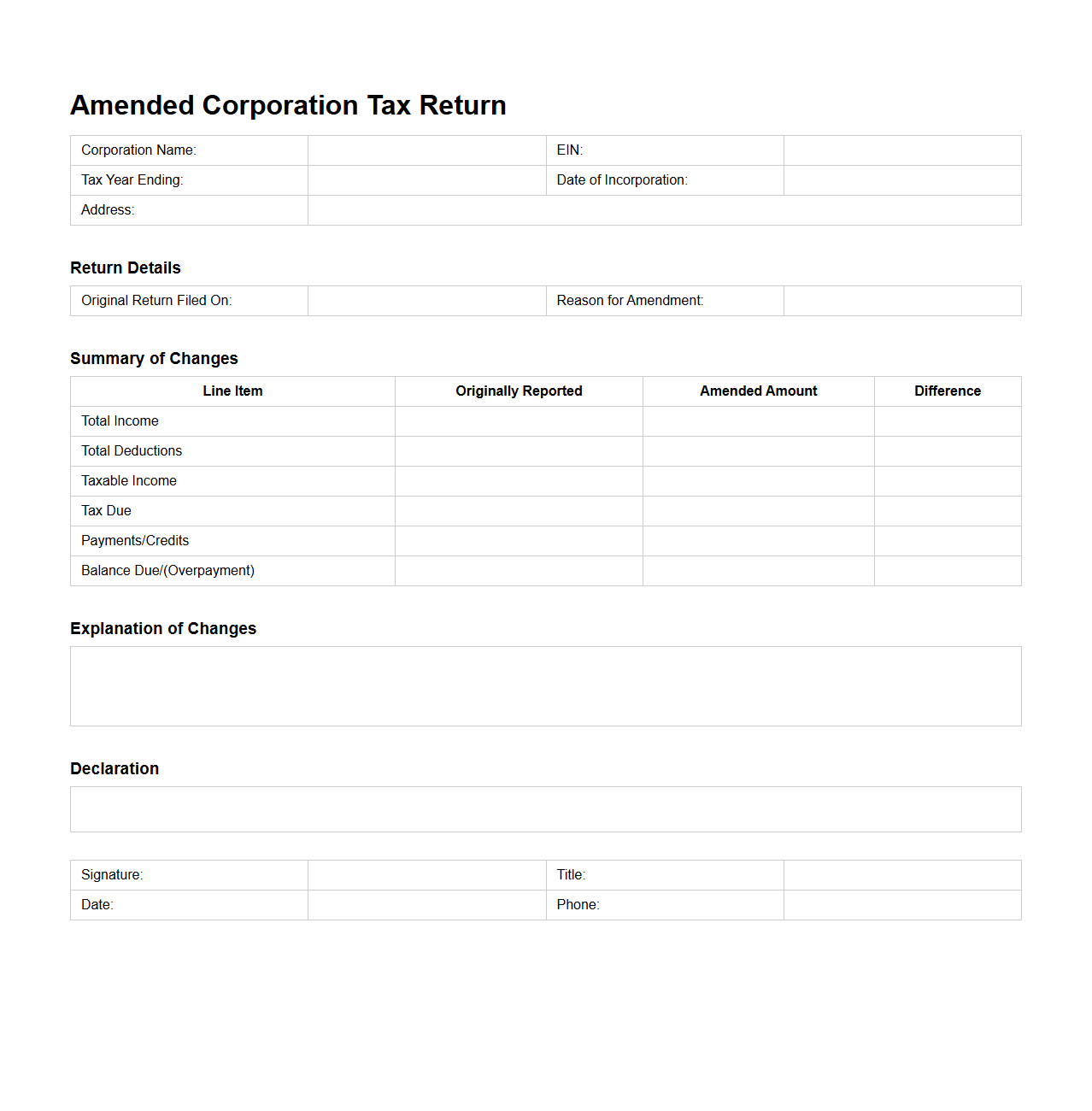Amended Corporation Tax Return Sample