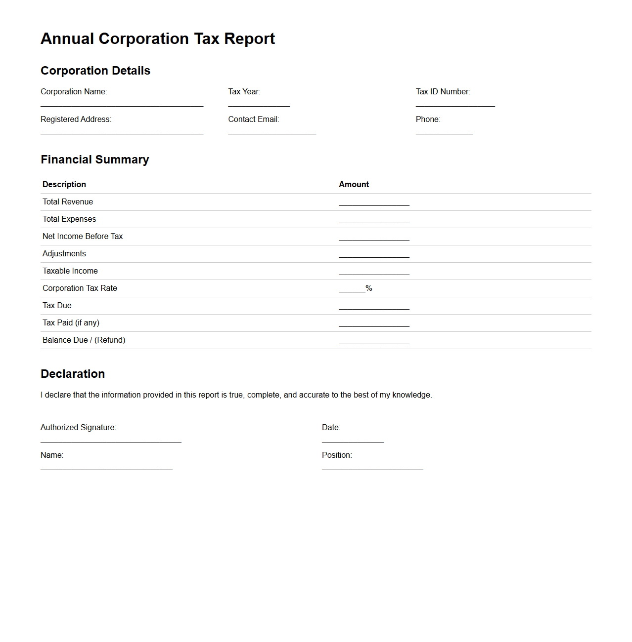 Annual Corporation Tax Report Example