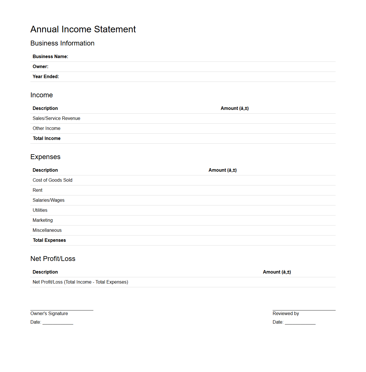 Annual Income Statement Document Example for Entrepreneurs