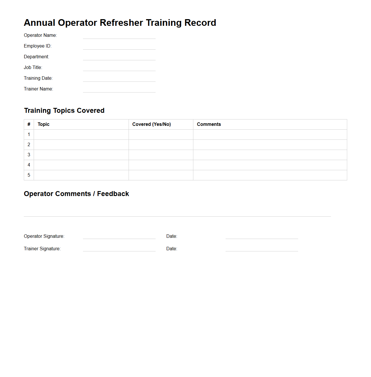 Annual Operator Refresher Training Record