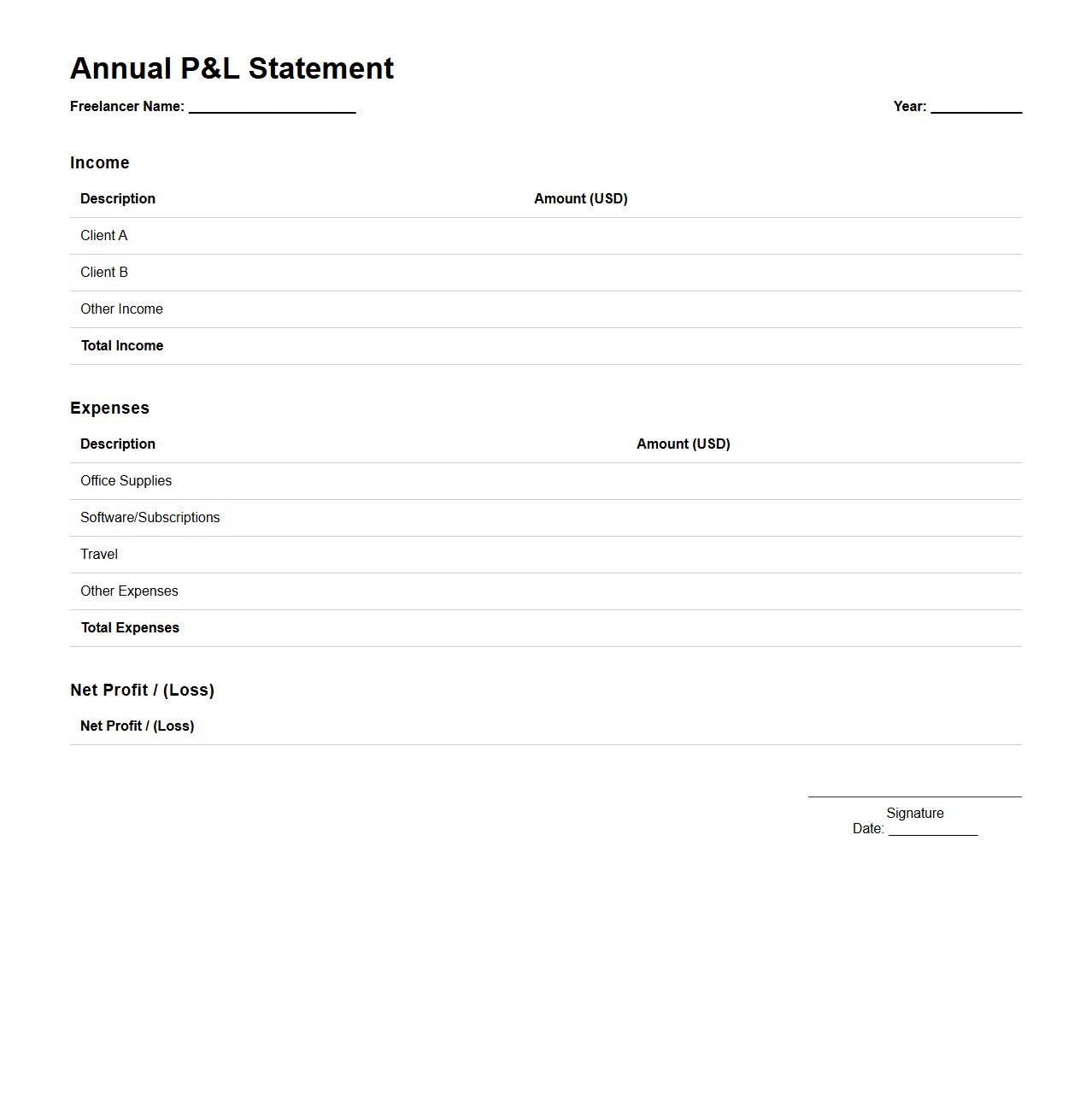 Annual P&L Statement for Freelancers