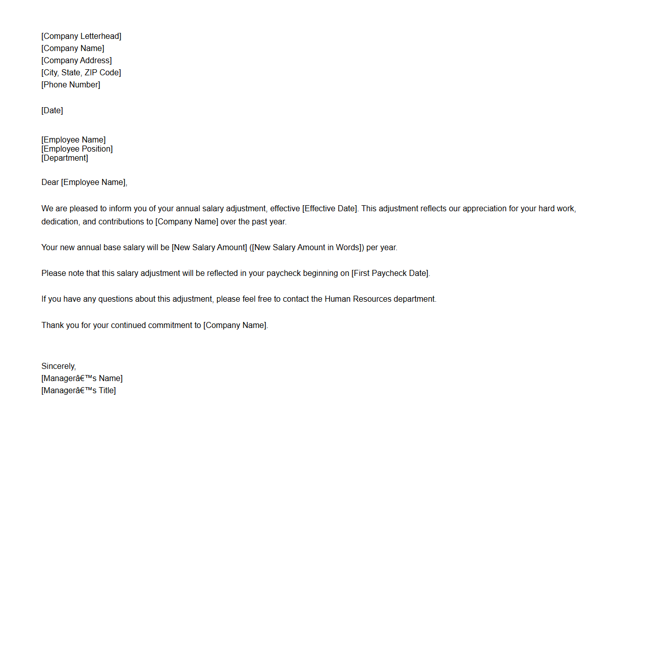 Annual Salary Adjustment Letter Template