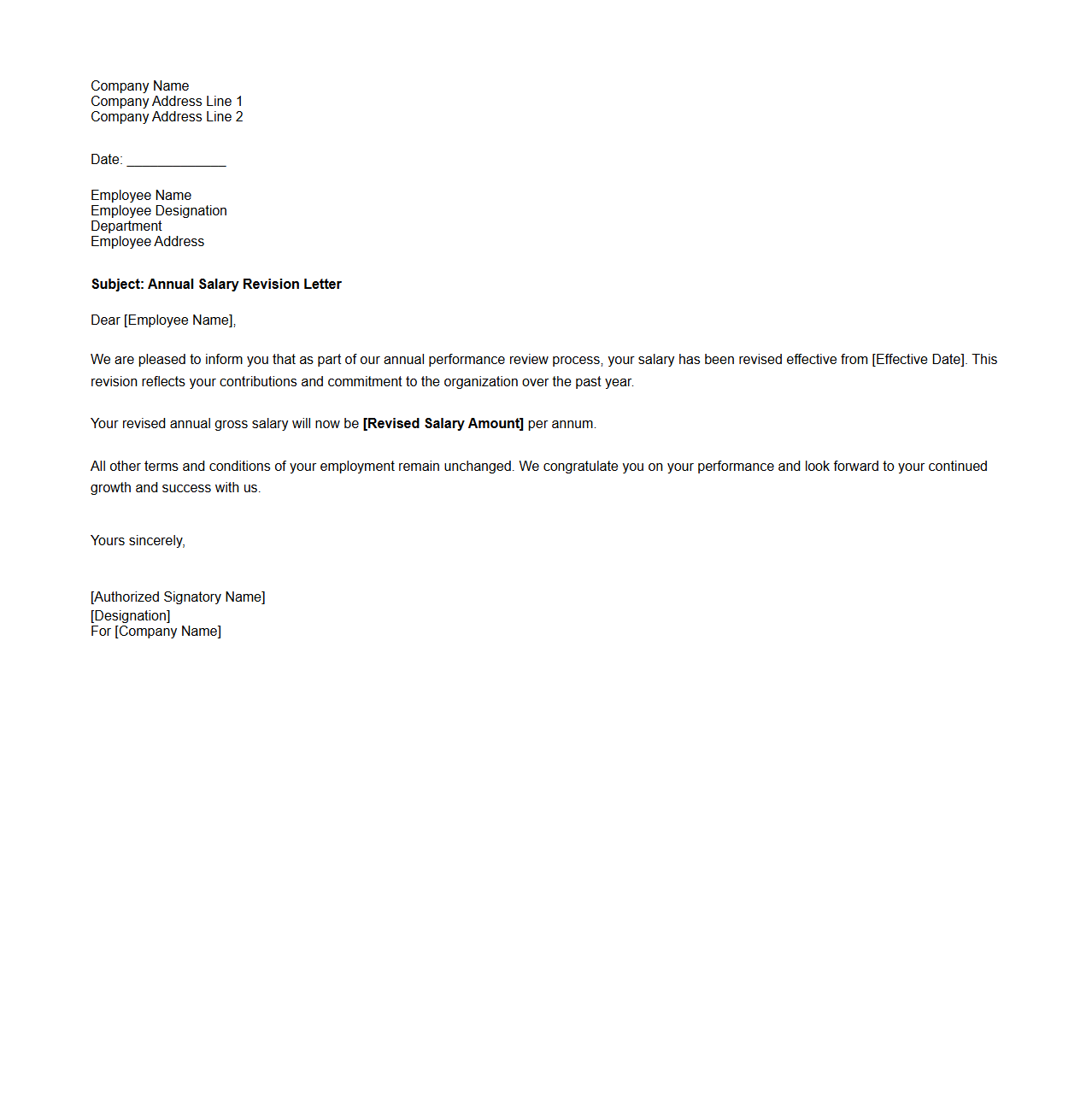 Annual Salary Revision Letter Template
