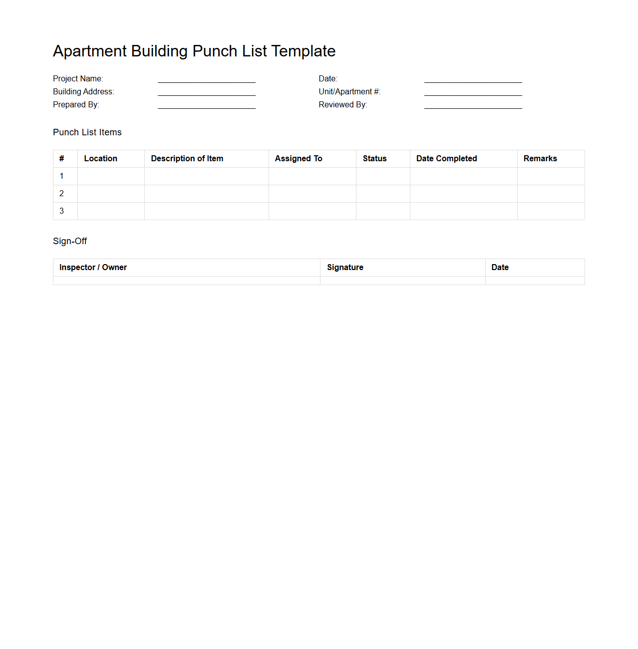 Apartment Building Punch List Template