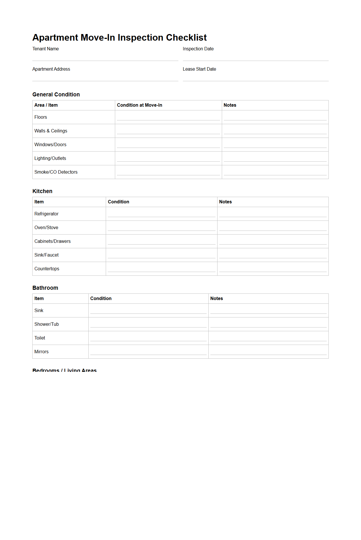 Apartment Move-In Inspection Checklist Template