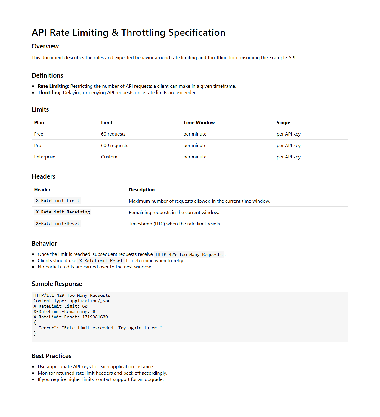 API Rate Limiting and Throttling Specification