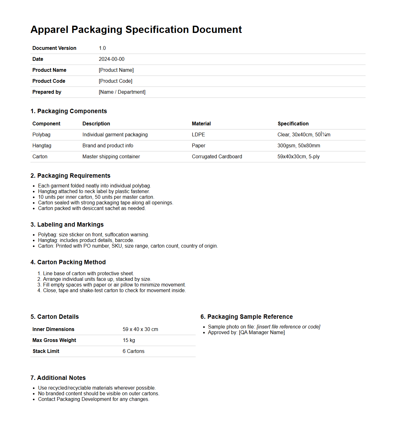Apparel Packaging Specification Document Sample