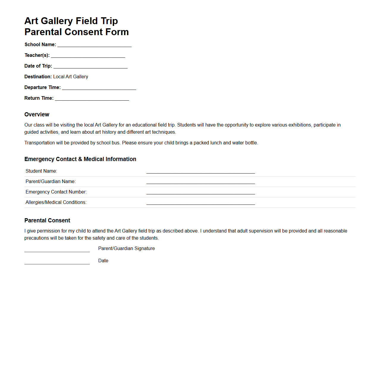 Art Gallery Elementary Field Trip Parental Consent Example