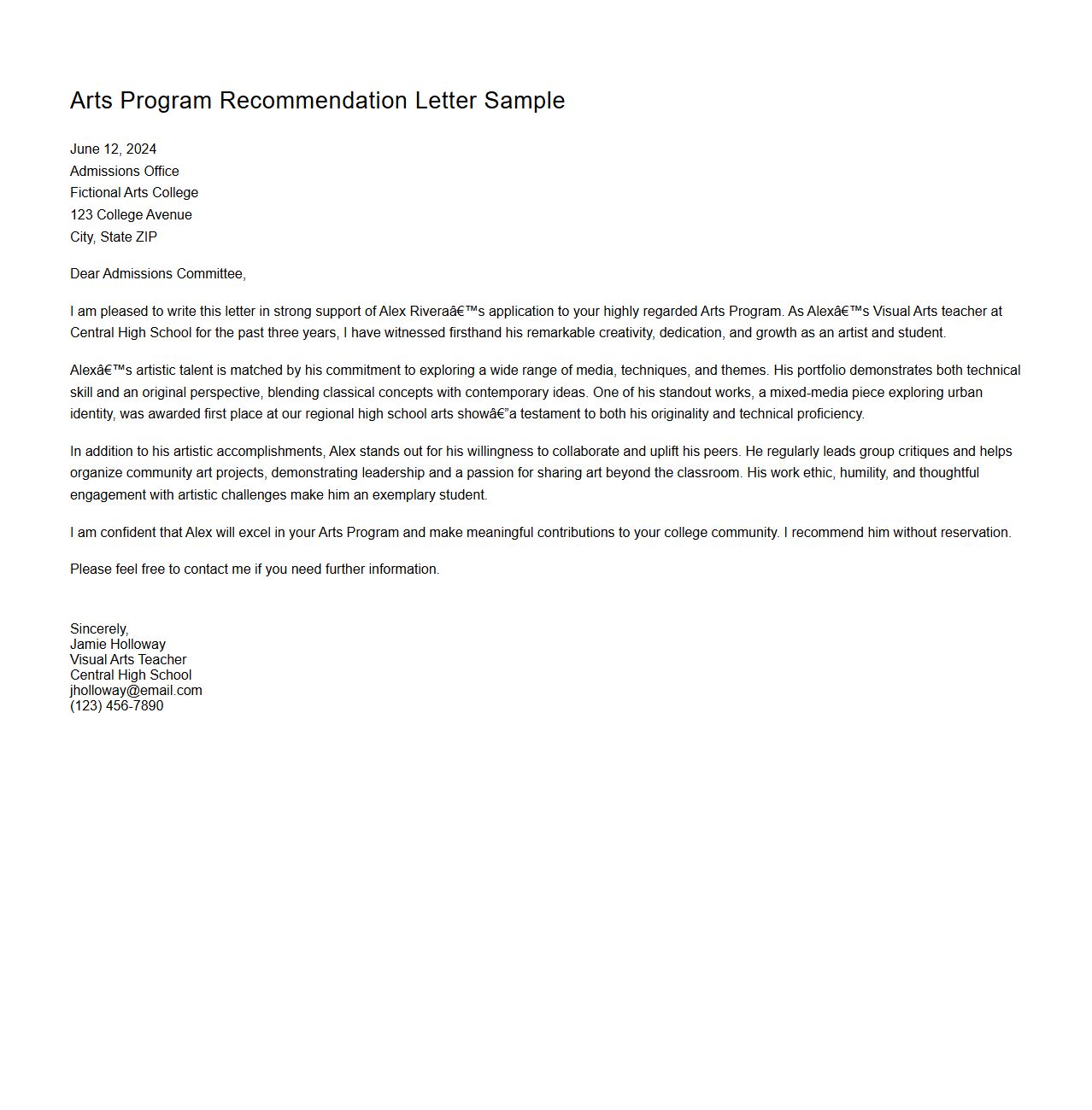 Arts Program Recommendation Letter Example for College
