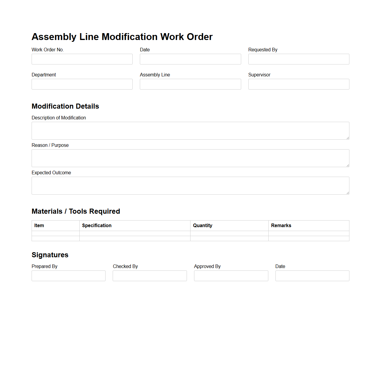 Assembly Line Modification Work Order Format